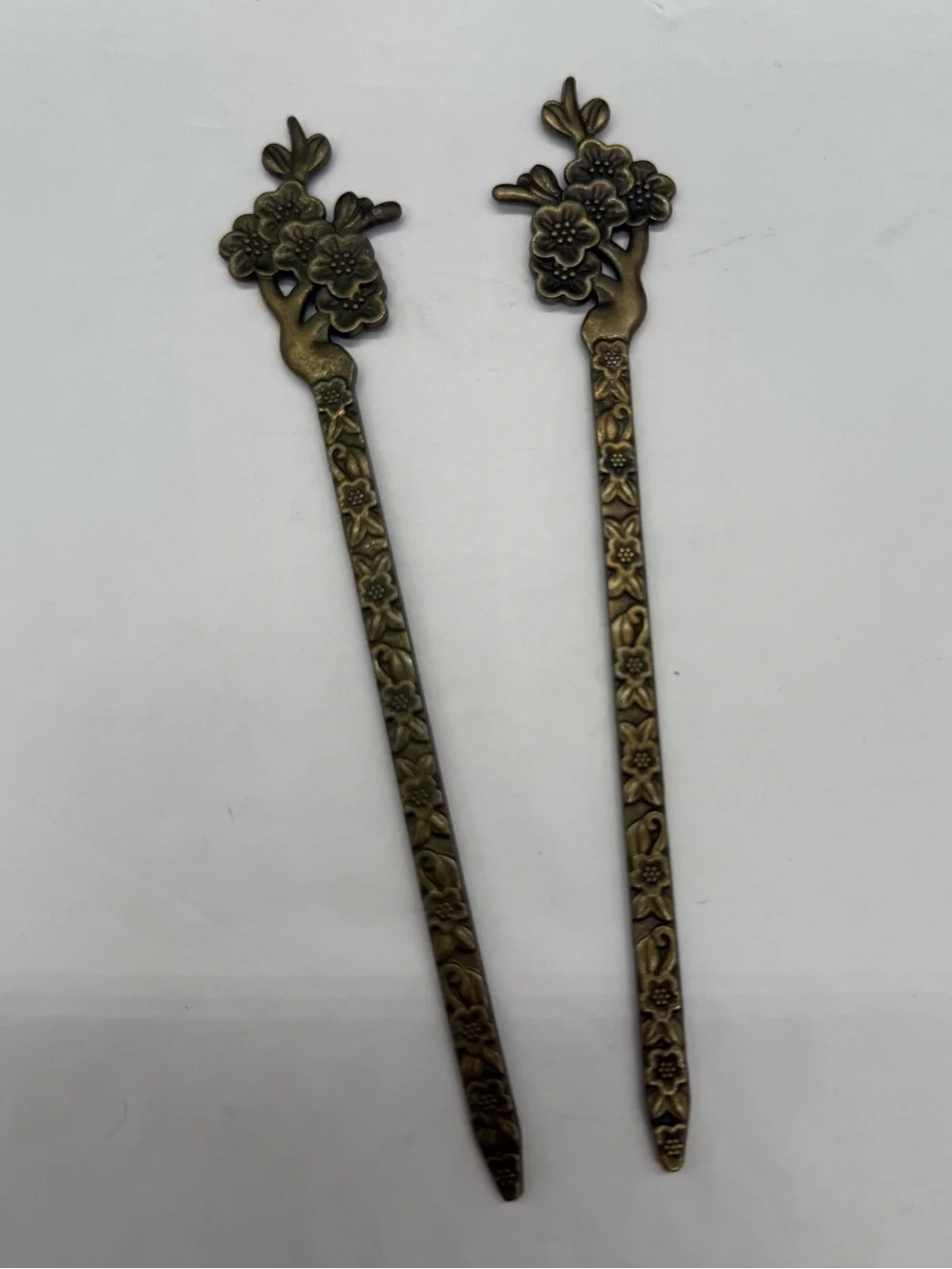 Antique Brass Floral Metal Hair Sticks Ornate Kanzashi Pair